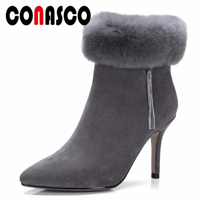 

CONASCO Fashion Women Tassels Cow Suede Ankle Boots Zipper Autumn Winter Short Martin Shoes Woman Sexy Pointed Toe Party Shoes