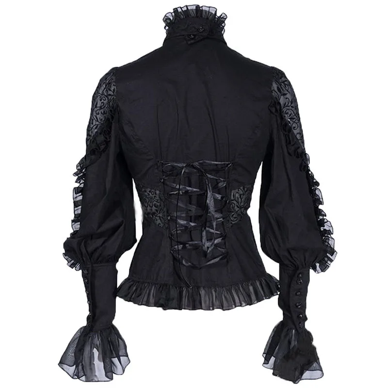  Womens Vogue Punk Gothic Lace Long Sleeve Shirt Lolita Court Blouses Tops Black Mesh Breathable A38