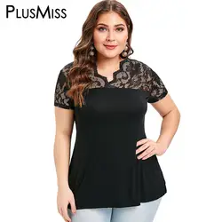PlusMiss плюс Размеры XXL цветочное кружево Сексуальная Блузка Для женщин Одежда большого размера летние шорты рукавом черный Винтаж Туника