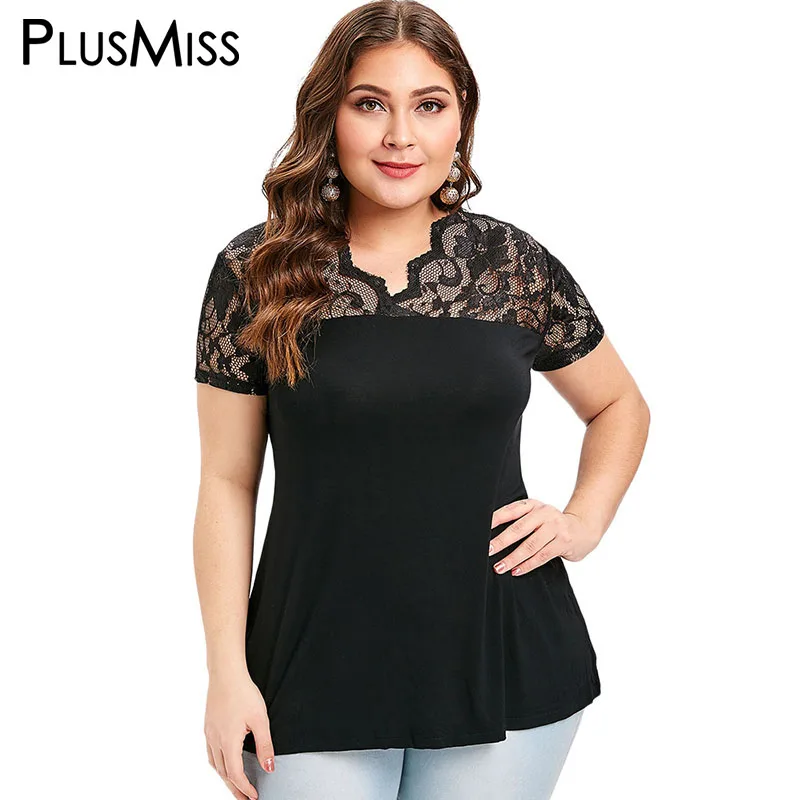 

PlusMiss Plus Size XXL Floral Lace Mesh Sexy Blouse Women Clothes Big Size Summer Short Sleeve Black Vintage Tunic Party Tops