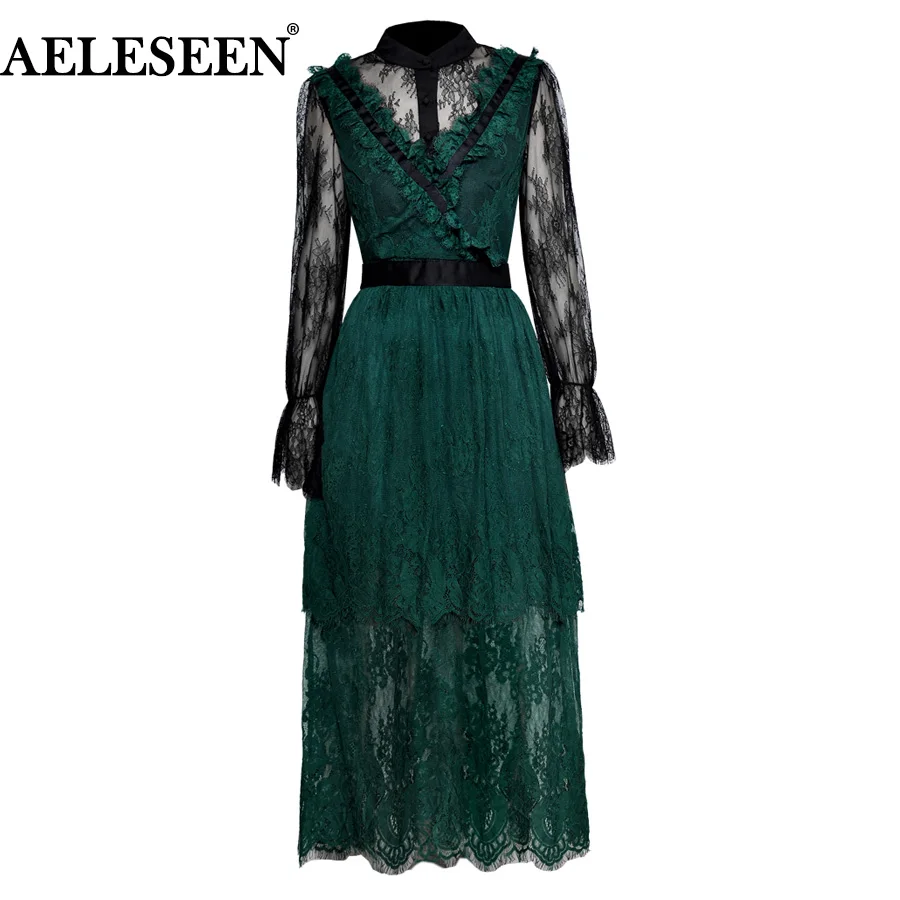 

AELESEEN High Quality New Fashion 2019 Stylish Designer Runway Dress Women's Long Sleeve Ruffles Patchwork Lace Patchwork Dress