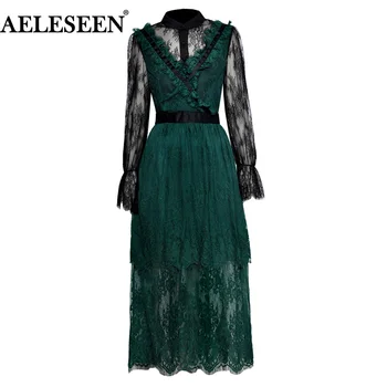 

AELESEEN High Quality New Fashion 2019 Stylish Designer Runway Dress Women's Long Sleeve Ruffles Patchwork Lace Patchwork Dress