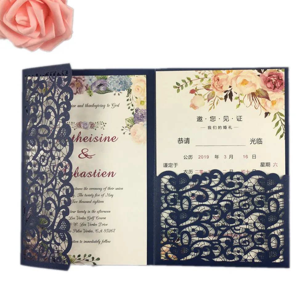 

free shipping pink glitter dark blue Burgundy hollow Laser Cut Tri-fold Gold/Ivory Flower pocket fold Wedding Invitation Cards