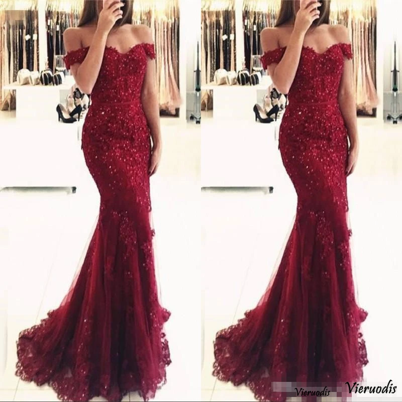 38-1       Burgundy Lace Appliques Mermaid Prom Dresses Vestido De Festa Beaded Off Shoulder Long Evening Gowns