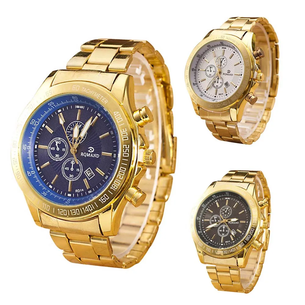 Новые мужские часы из нержавеющей стали, роскошные брендовые позолоченные аналоговые кварцевые мужские наручные часы с тремя глазами