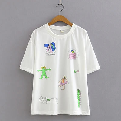 Летняя новая хлопковая Футболка Harajuku с мультяшным принтом Повседневная футболка с круглым вырезом и короткими рукавами для девочек-подростков - Цвет: white