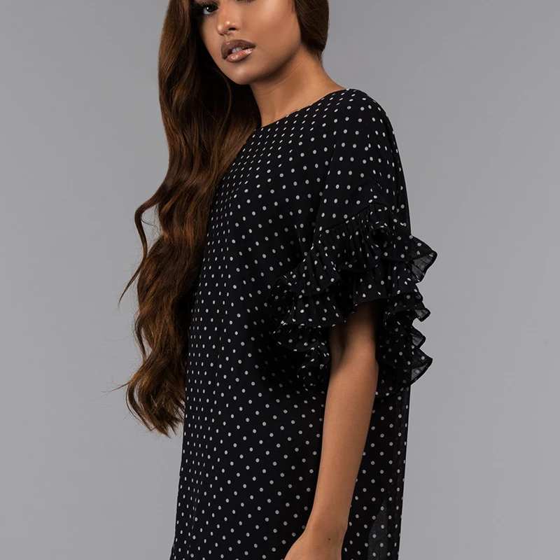 AKIRA Women's Polka Dot Ruffle 3/4 Sleeve Sheer Overlay Mini Shift Dress (2)