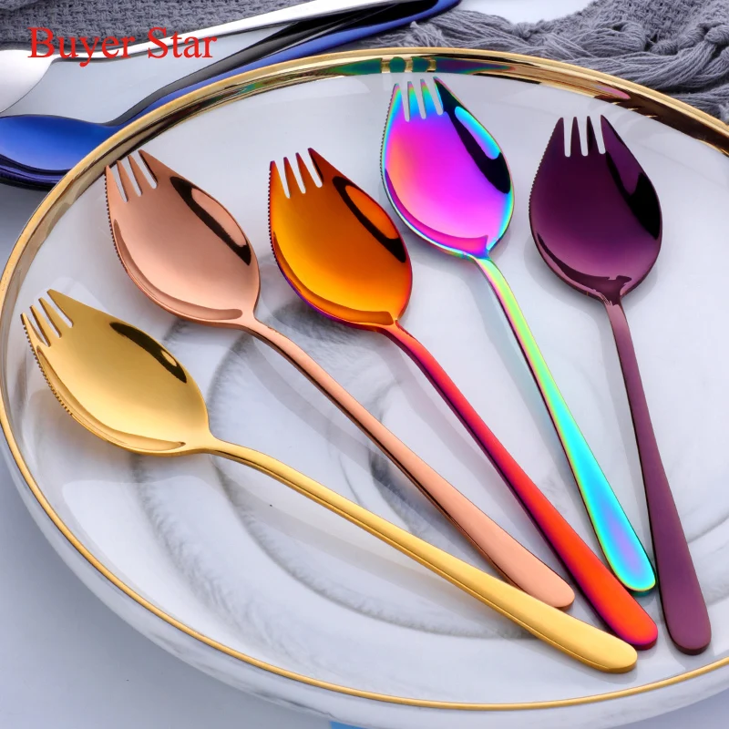 

2PCS Colorful 3 IN 1 Sporks 304 Stainless Steel Dessert Fork Spoon Noodles Salad Fruit Utensils Creative Kitchen Tableware Tools