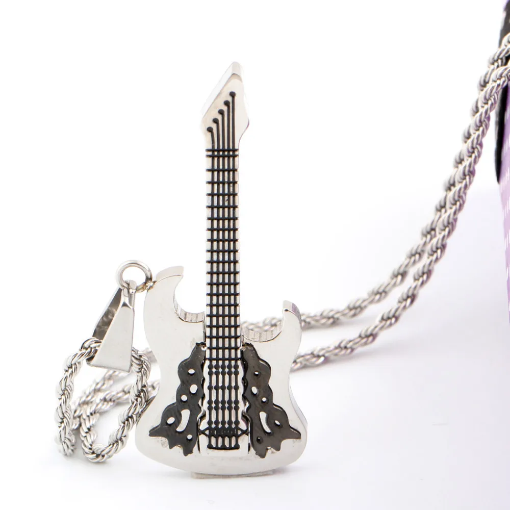 Fashion Punk Stainless Steel Male Pendant Necklace Guitar Shape 3mm