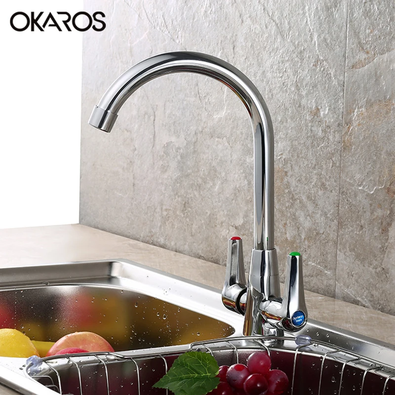 OKAROS Kitchen Faucet Laundry Sink Faucet Tap Chrome Plated Deck Mounted Dual Handle 360 Degree Hot
