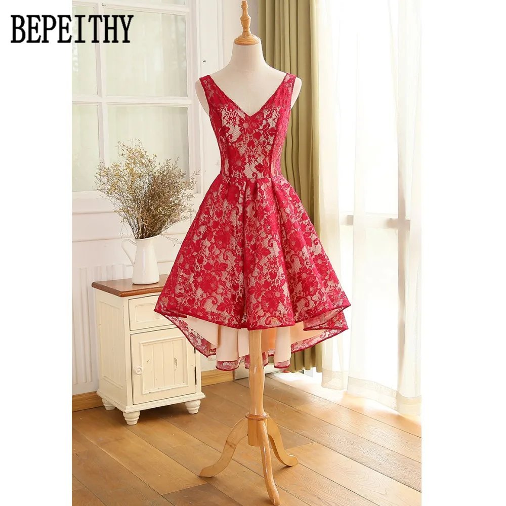 

BEPEITHY New Arrival Real Image Sexy V Neck Lace Prom Dress Open Back Vestido De Festa Cheap Prom Dresses 2019