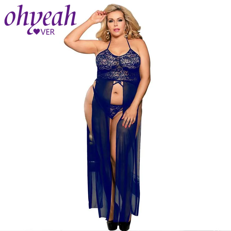 Ohyeahlover Sexy Long Lingerie Dress Babydolls Hollow Out Erotic Costumes Lace Women Dress For Sex Plus Size Split Gown RM80666