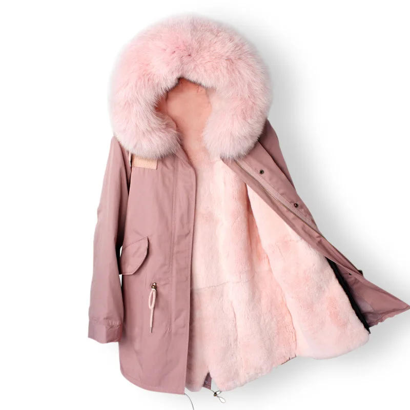 

2019 New Long Parka Winter Jacket Women Natural Real Rex Rabbit Fur Liner Fox Fur Collar Hood Parkas Thick Warm Fur Outerwear