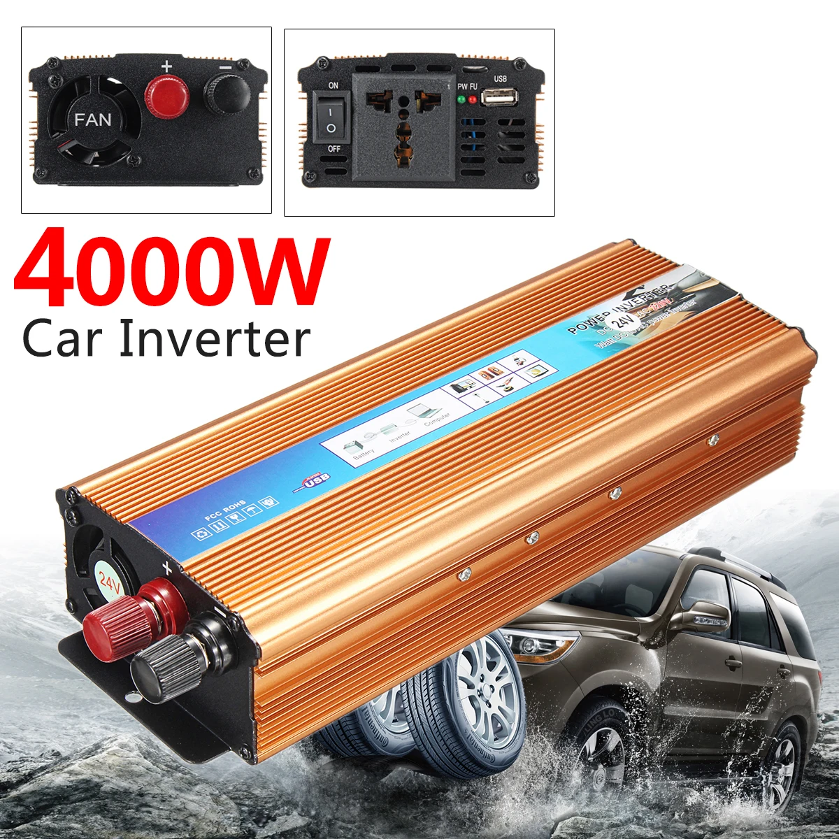 

USB P EAK 4000W Voltage Transformer 12/24V To AC 220/110V Car Power Inverter Modified Sine Wave Converter Overload Intelligent