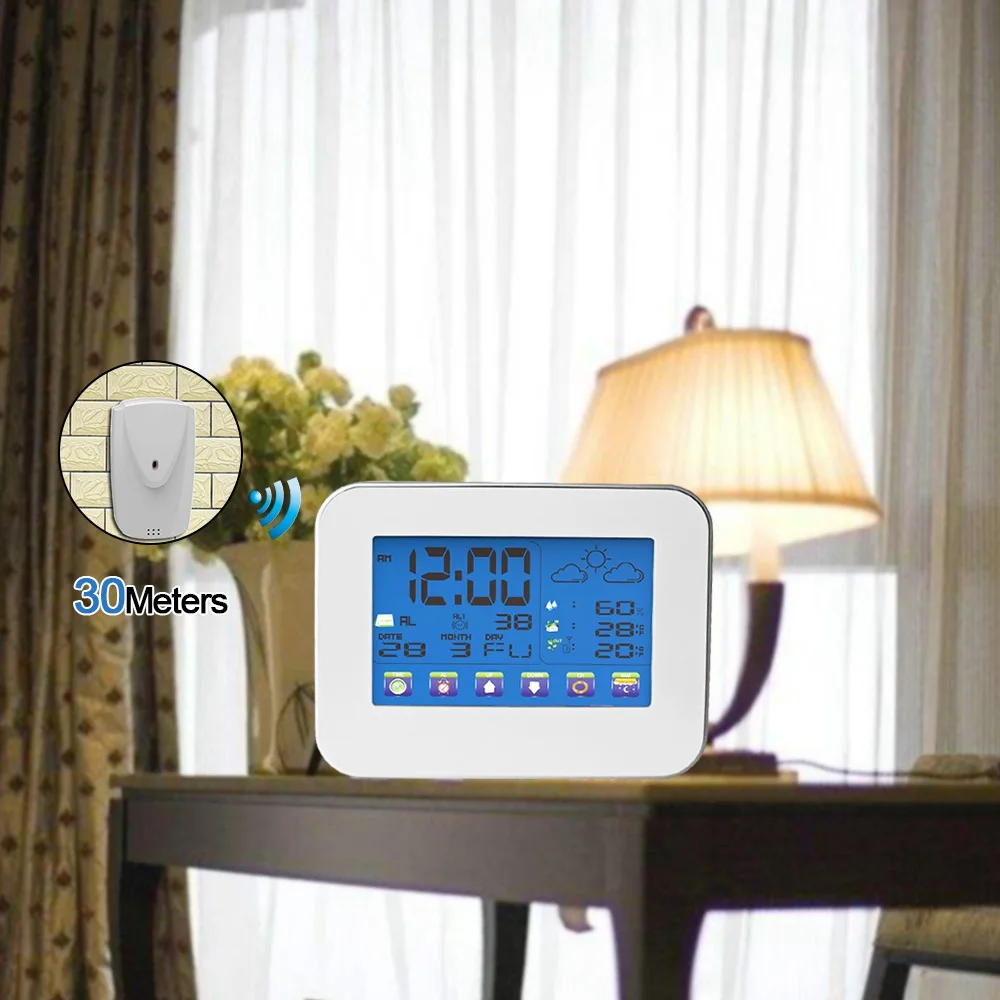 Крытый Открытый Цифровой термометр гигрометр Беспроводная метеостанция сенсорный экран ЖК-будильник Измеритель температуры и влажности