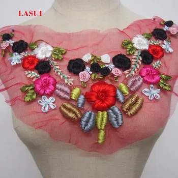 

LASUI Exquisite30*23 cm=1 piece 3 colors Beautiful Handmade Multicolor ribbon embroidery lace collar applique 3D flower 0199