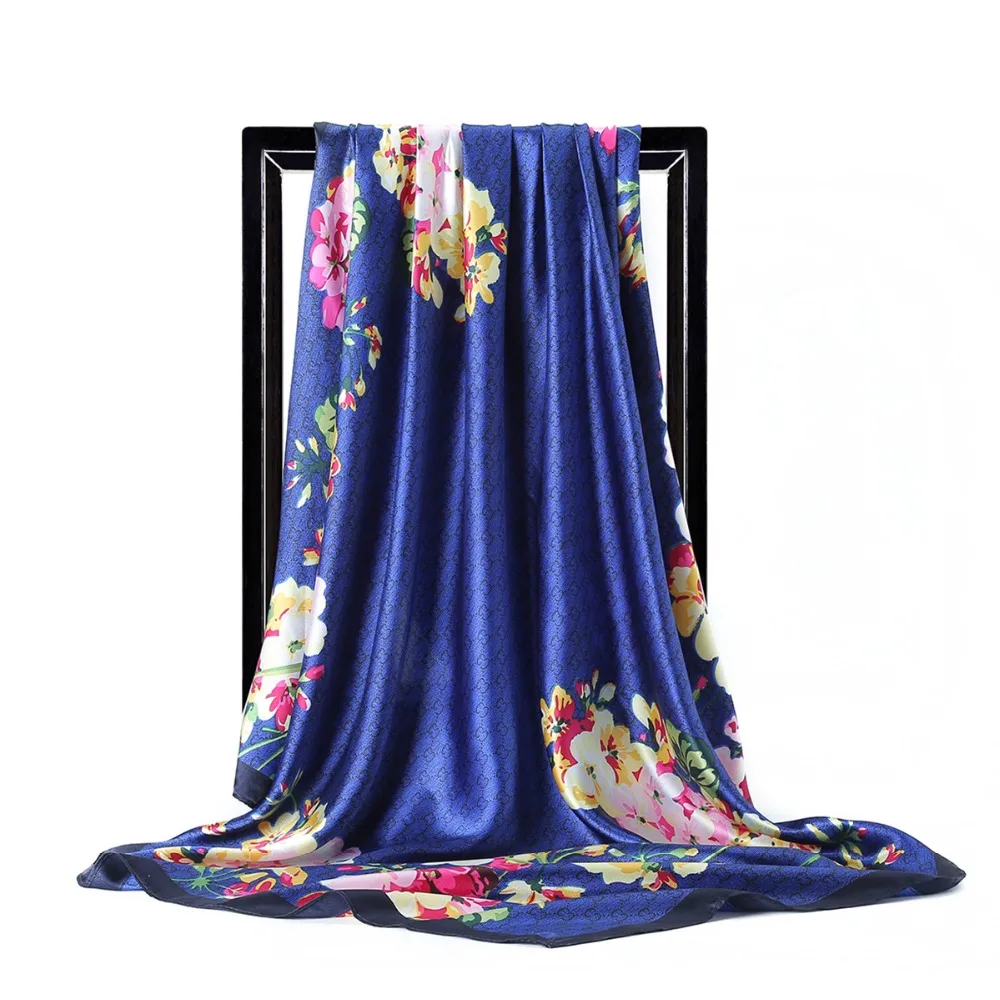 Модные Шелковые шарфы для женщин цветочный принт квадратный платок 90x90 см Женская бандана для головы дамы большой хиджаб атласные шарфы