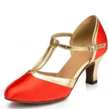 Латинские бальные туфли; женская кожаная обувь; женские туфли на каблуке; Цвет серебристый, красный; JYG864
