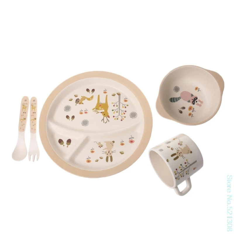 

1 SET/5pcs Baby Feeding Bowl Plate Forks Spoon Cup Dinnerware Set Bamboo Tableware Drop Ship