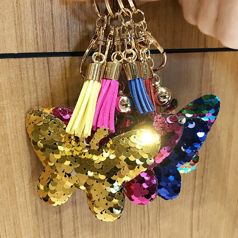 

Colorful Glitter Sequins Butterfly Keychain Shiny Cartoon Tassel Keychain For Women Laveros Mujer Car Bag Accessories KeyRing