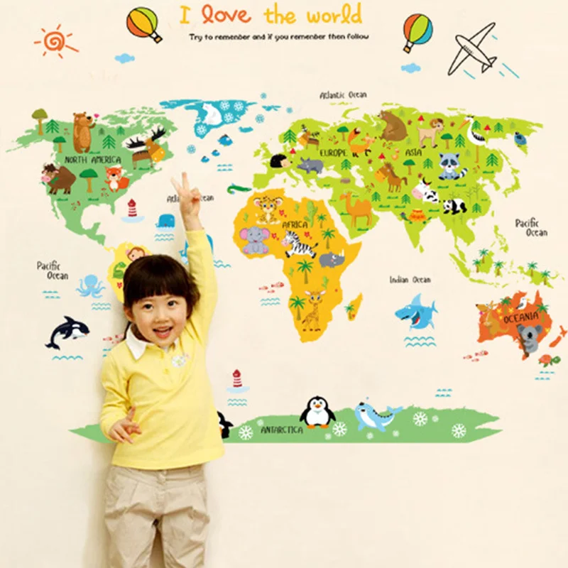 

Cartoon Animal World Map Wallpaper Kindergarten Children's Room Background Decoration Self-adhesive Wallpaper