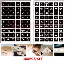 108 шт./компл. многоразовые хны Трафареты для боди-арт трафарет для аэрографа английские буквы номер кошки черепа блеск тату трафарет