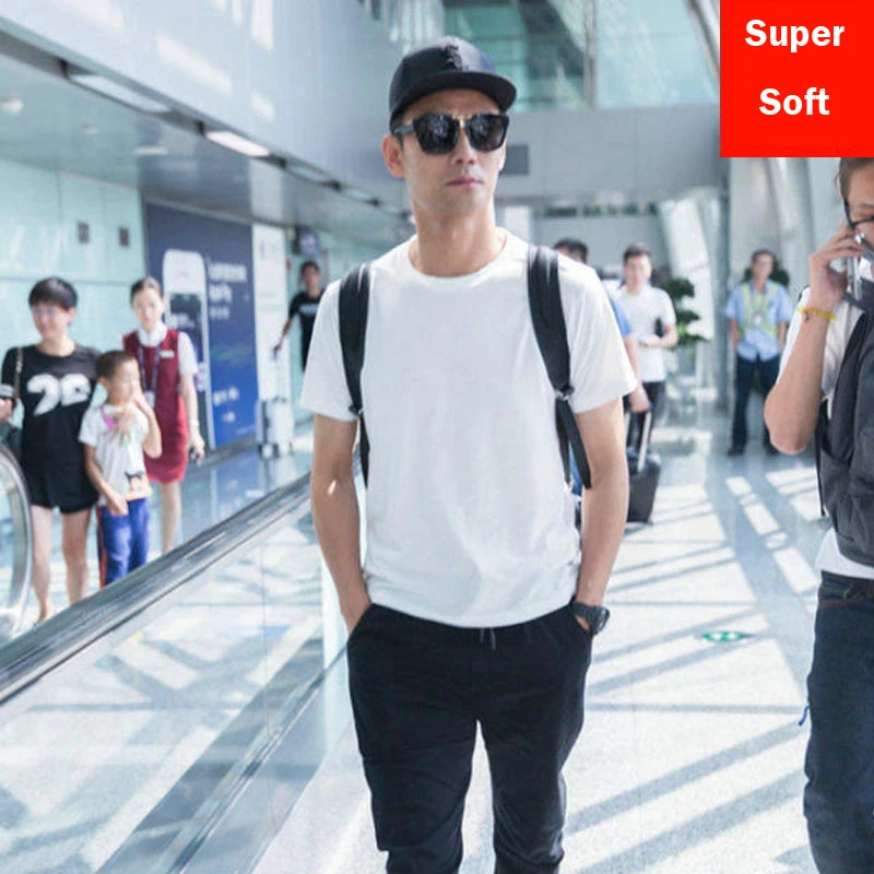 Men's White T-Shirts Short Sleeve Cotton Modal Flexible Basic Casual Tee Shirt Tops (White, Size Options) image 2