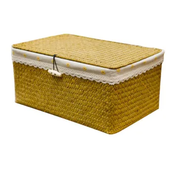 

Sea straw hand made storage box with lid linen finishing box makeup sundries organizer container rectangle tea box picnic basket