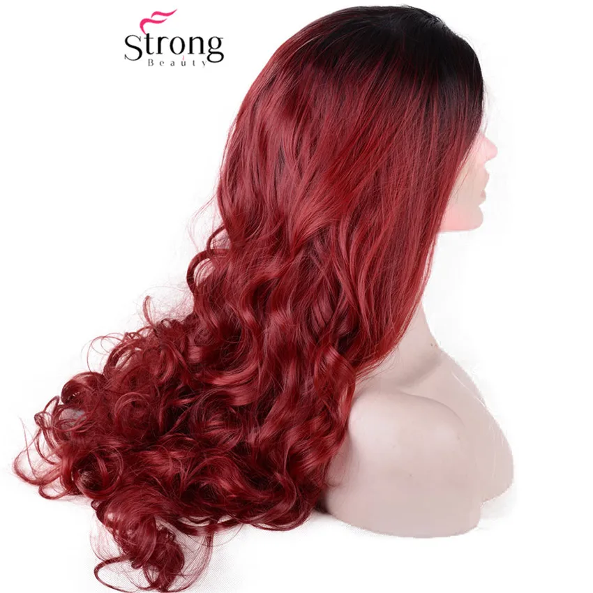 StrongBeauty кружевной передний парик с Омбре красный 2 тона темных корней длинные волнистые бесклеевые синтетические волосы парик Замена Полный парик