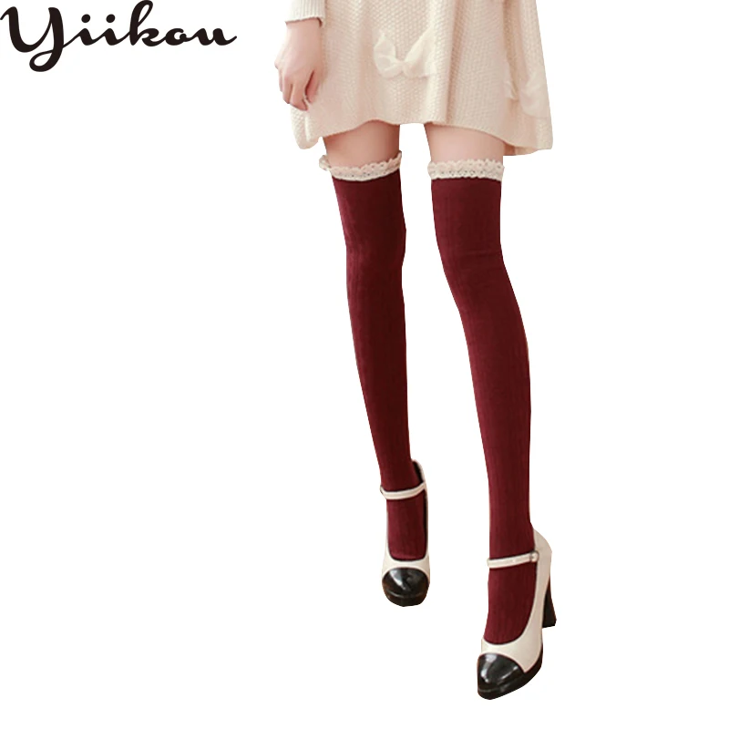 

Female Japanese Twisted Cotton Knee Long Stockings Girls Cute Jacquard Base Stockings Women's Lace Paneling Stockings