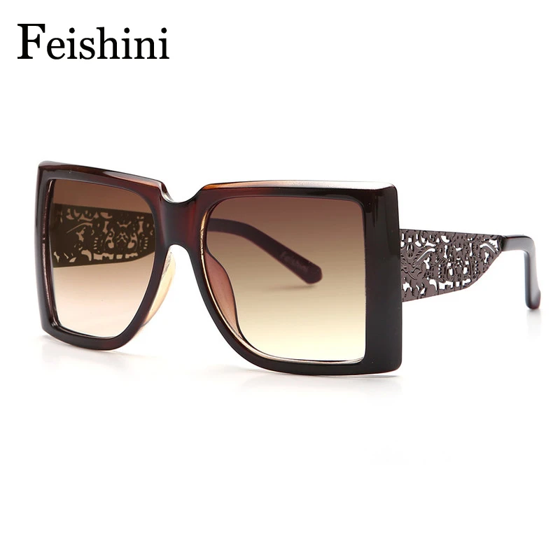 FEISHINI, брендовые, с металлическим узором, полые ноги, oculos de sol feminino, для девушек, суперзвезда, негабаритные солнцезащитные очки, для женщин, квадратные, винтажные, черные