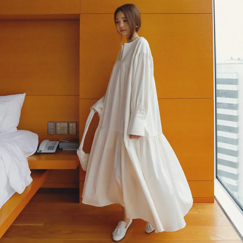 

[EWQ]2019 summer new Korean style Long Lantern Sleeve V-neck ruffled loose large size Mid-Calf Ladies clothing women dress QG941