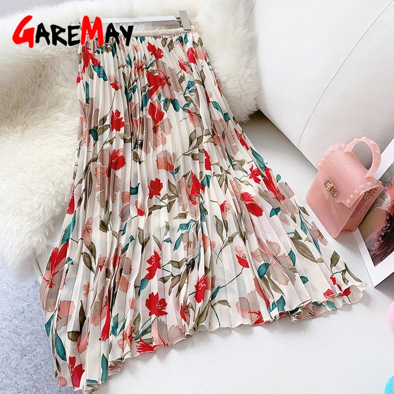 

Flower Floral Print Skirt Chiffon Women's Korean Pleated Skirts Elegant For Summer Women Maxi Long High Waist Skirt