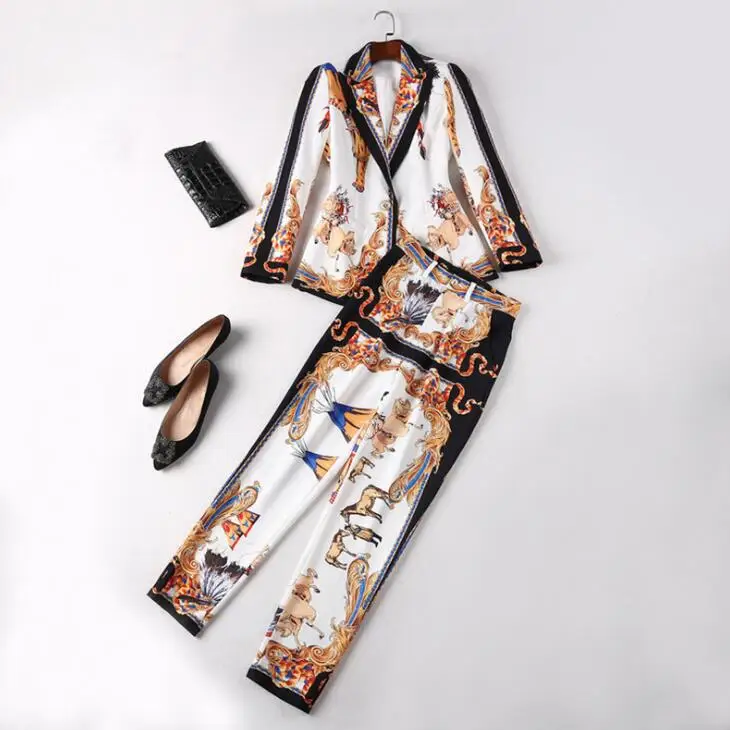 

Women Set Runway Designer Luxury Art Deco Printed Vintage Retro Two Piece Blazer Jacket Tops and Pants Suits Female Clothing