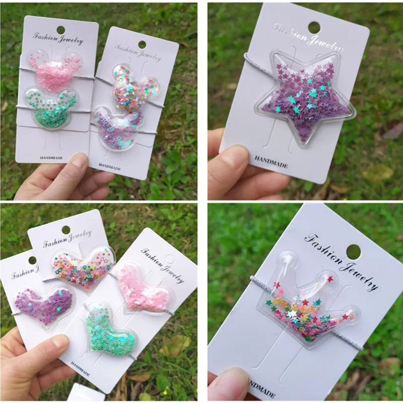 

16pcs/lot New Transparent Quicksand PVC Hair Rope Hair Accessories Cute Sequins Star Heart Crown kids girl Headbands Headwear
