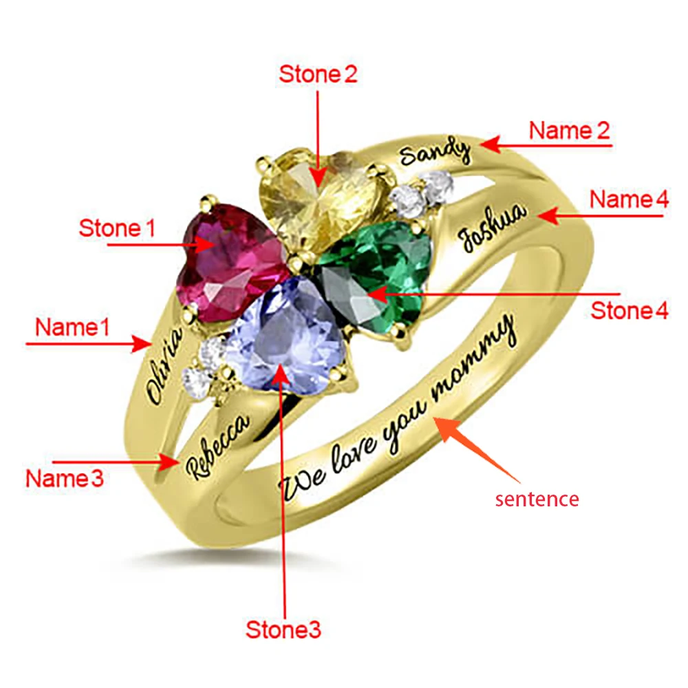 SG Personalized Engagement Rings with 4 Birthstone Heart Ring Engraved Name Promise Ring Love Gift Jewelry for Women Mother day'