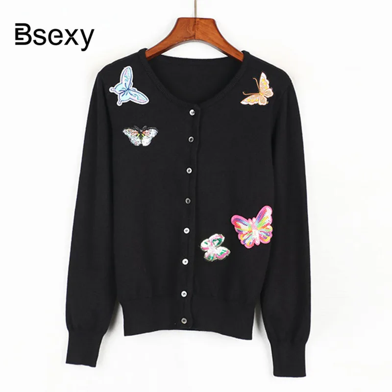 pull femme hiver 2018 Femal cardigans Autumn Winter Butterfly Appliques Slim Open Stitch JUmper Black Knitting sweater |