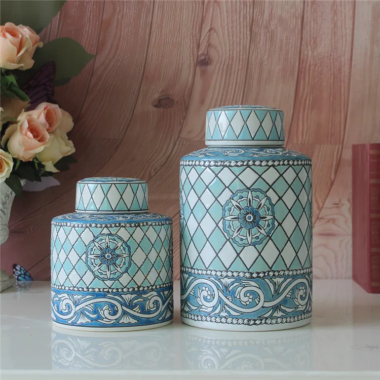European Style Ornaments Simple Wind Carving Patterns Blue And White Ceramic Storage jar Decorative Jars Household ceramic | Дом и сад