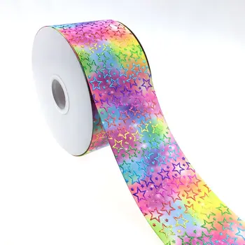 

2019 New design 100 yards 75mm 3" star grosgrain hologram gold printed with heat transfer ribbon