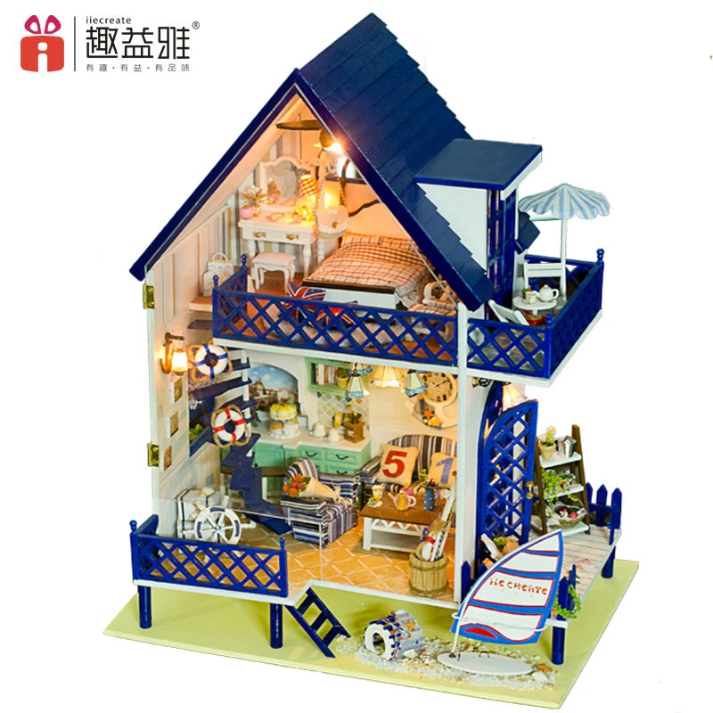 Iiecreate Diyかわいいビッグブルーヴィラ木製モデル家具おもちゃドールハウス用子供キッズ男の子女の子誕生日ギフト Toy Doll House House For Childrenhouse For Aliexpress
