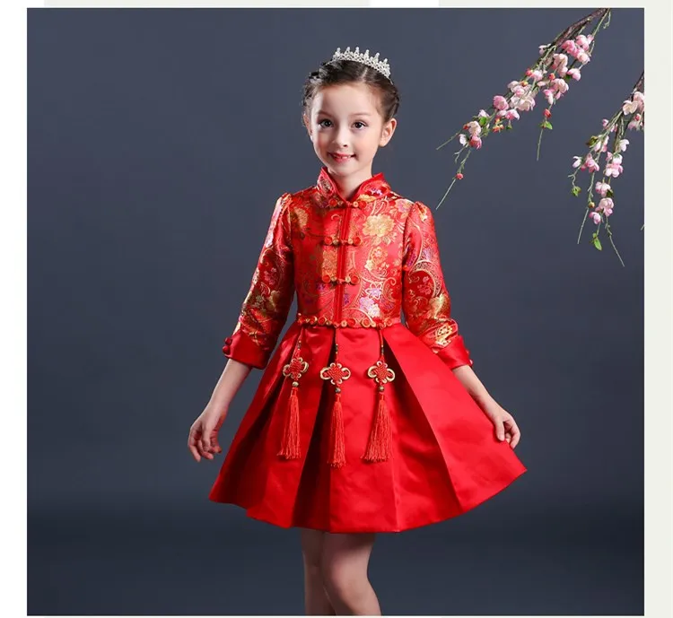 New Chinese Style Girls Christmas Dress Long Sleeve Red Cheongsam Kids
