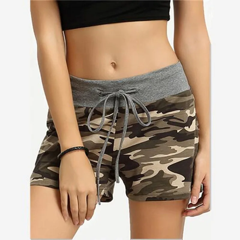 Women Shorts green Camouflage print Cotton Blend patchwork Elastic Wait Drawstring summer lady wild Military Active short Pants Shorts