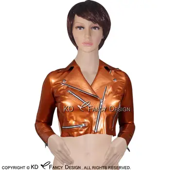 

bronze Sexy Short Latex Jacket Rubber Coat With Zipper And Buttons Turn Down Collar Clothing Clothes Suit Garment Top YF-0048