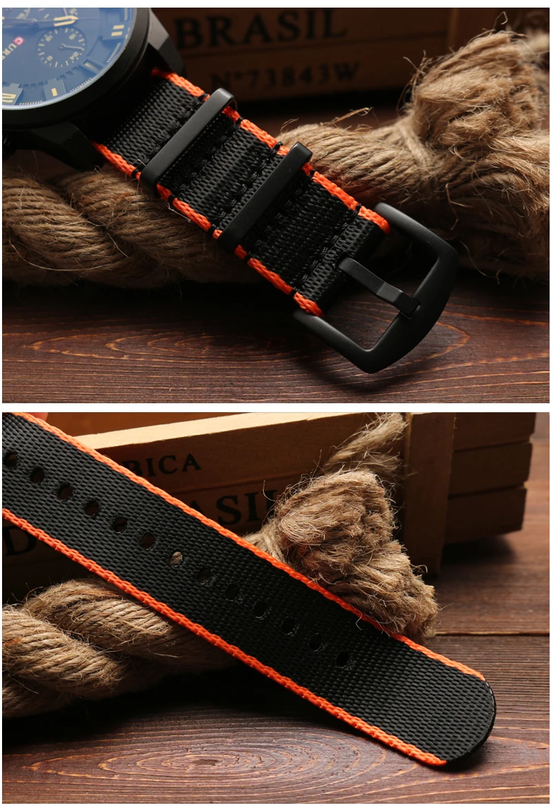Высокое качество 20 22 мм нейлон ремешок водонепроницаемые спортивные наручные часы Группа черный красочные край с пряжкой из нержавеющей