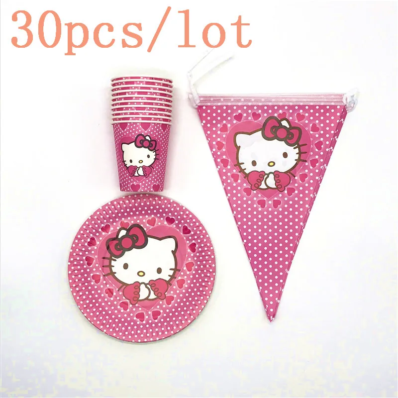 

30Pcs/Lot Disposable Paper 10Cups+10Plates+10Flags Hello Kitty Cartoon Theme Kids Favor Birthday Party For 10People Use Supply