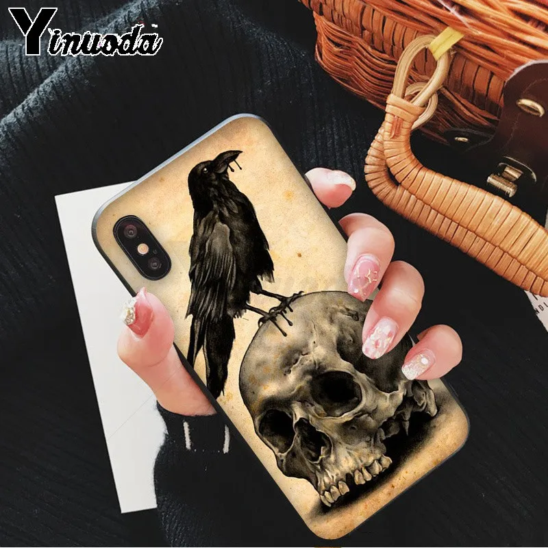 Crow sat on the skull and raven on a moonlight