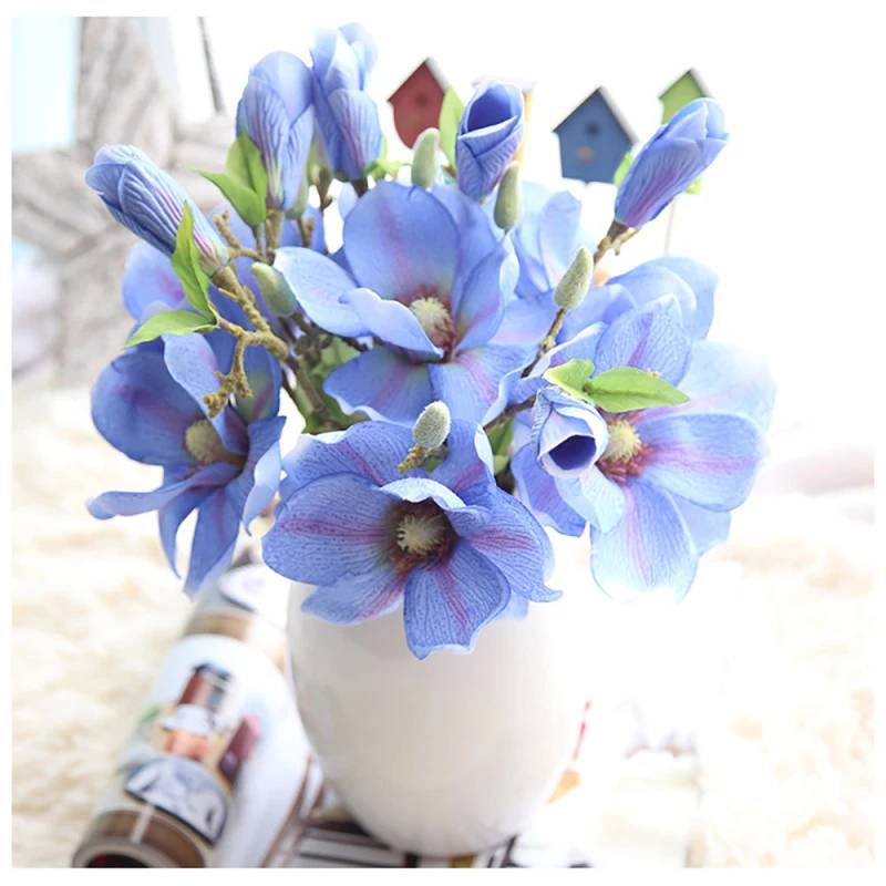 Романтичная искусственная Магнолия, цветок 37 см, сделай сам, искусственный шелк, букет цветов, свадебное украшение для дома, ярко-розовый, голубой, 1 шт