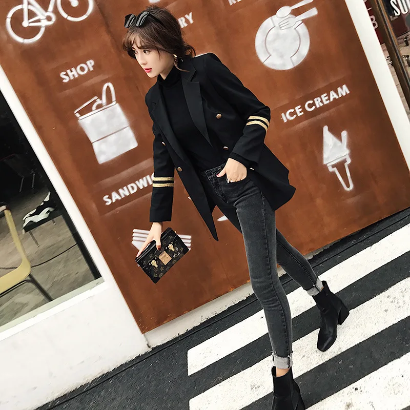 2019 Real Shooting Autumn Suit Long Navy Style Embroidered Women Leisure Blazer Jacket Double Breasted 2019 Real Shooting Autumn Suit Long Navy Style Embroidered Women Leisure Blazer Jacket Double Breasted