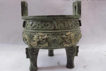 

Old Copper Bronze Two Dragon play Bead Three-legged Tripod Censer incense burner