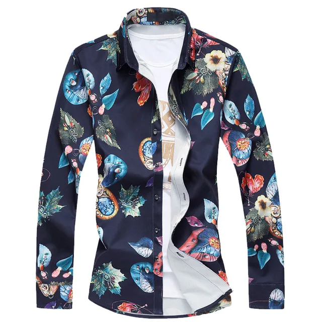 Mens Colorful Pattern Dress Shirts Thick Shirts Male Long Sleeve Plus